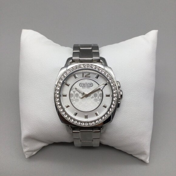 Coach Boyfriend Watch Women 35mm Silver Tone Bling Logo Dial New Battery 6" - Picture 2 of 13
